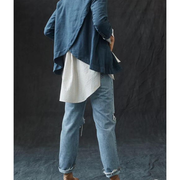 ANTHROPOLOGIE Women's Size US 14 Blue Linen Blend Lagenlook Open Blazer Jacket - Picture 4 of 9
